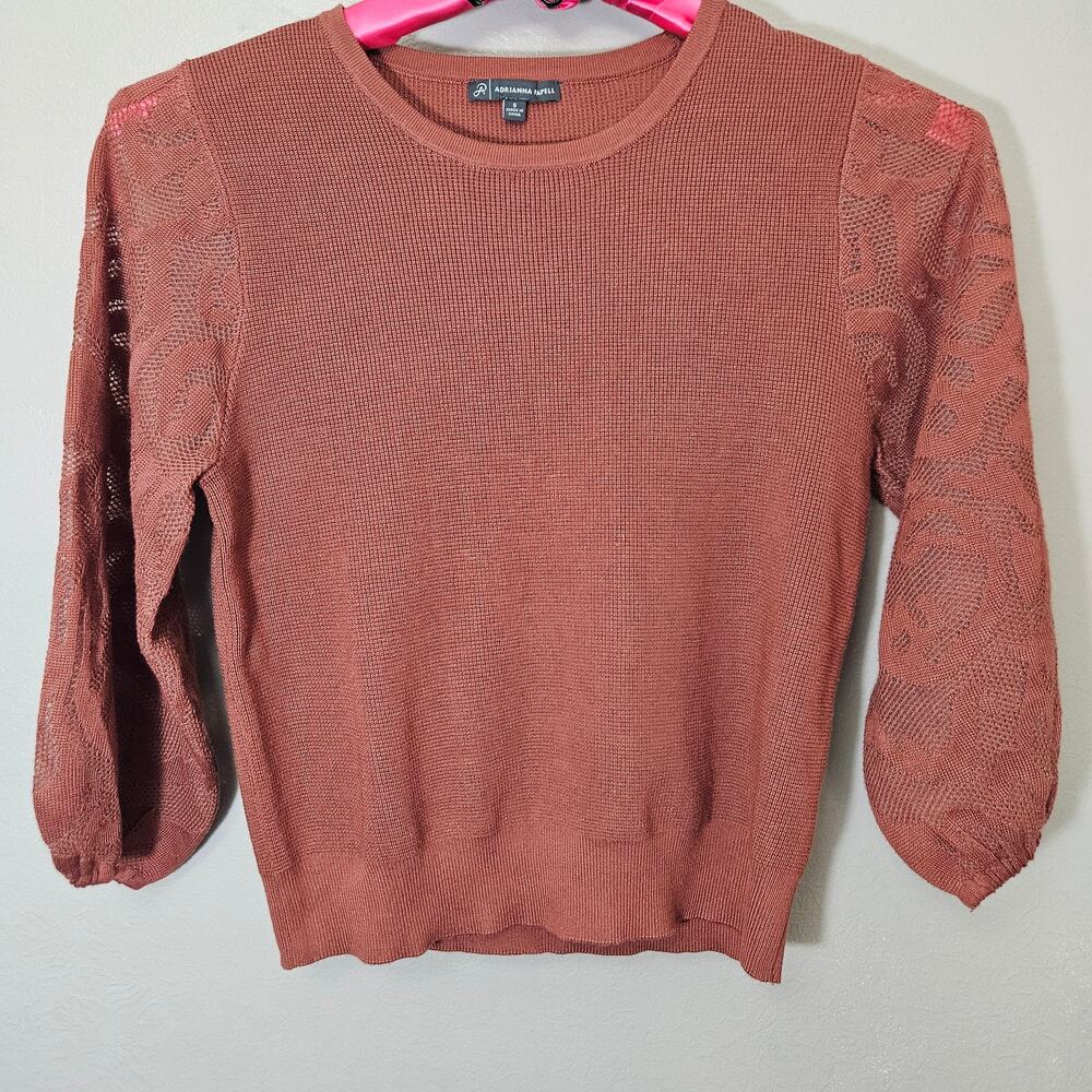 Adrianna Papell Women S Rust Terracotta Knit Top Lace Sleeve Sweater Boho Earthy